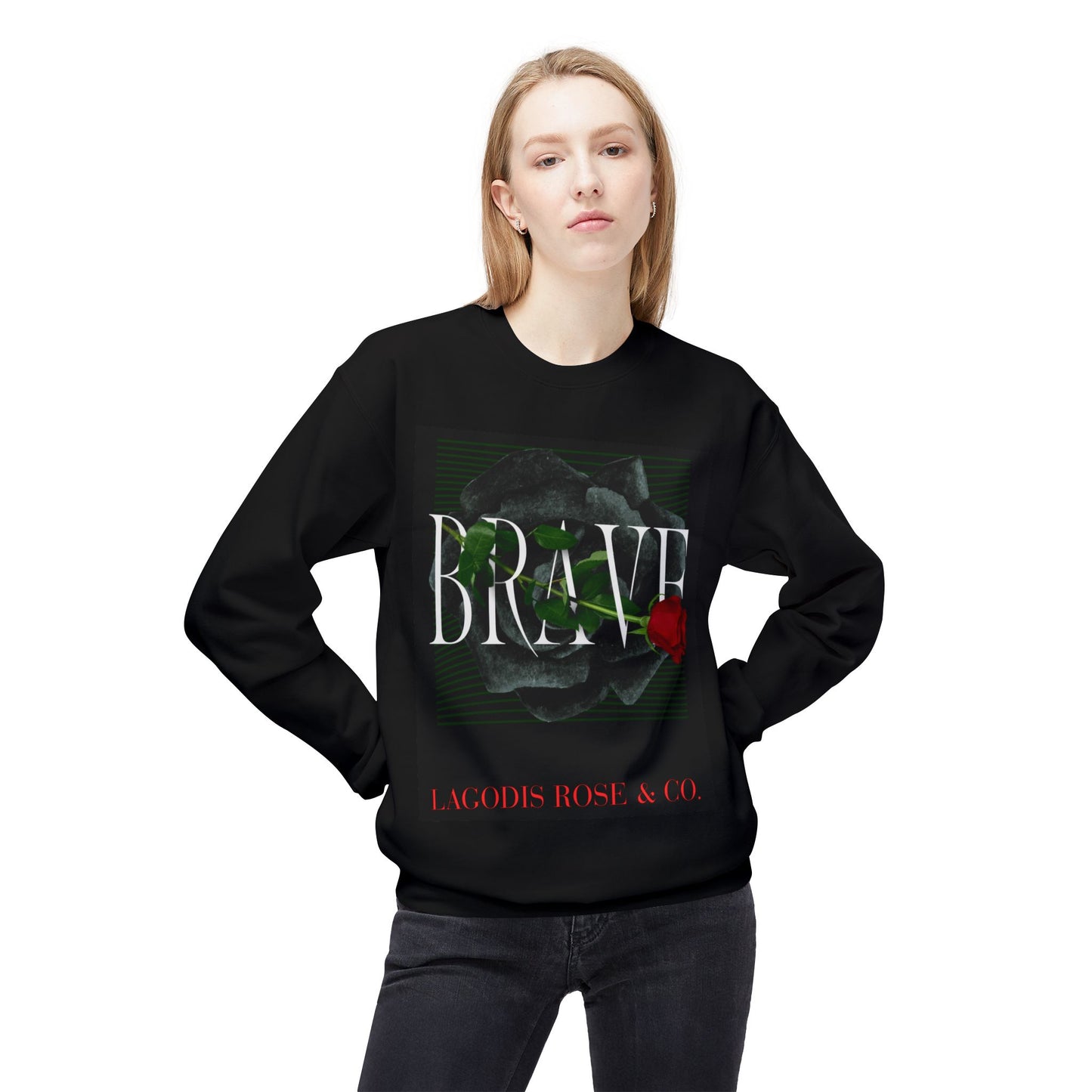 Brave Rose Graphic Crewneck Sweatshirt - Cozy Fleece, Inspirational Gift, Casual Wear, Perfect for Holidays