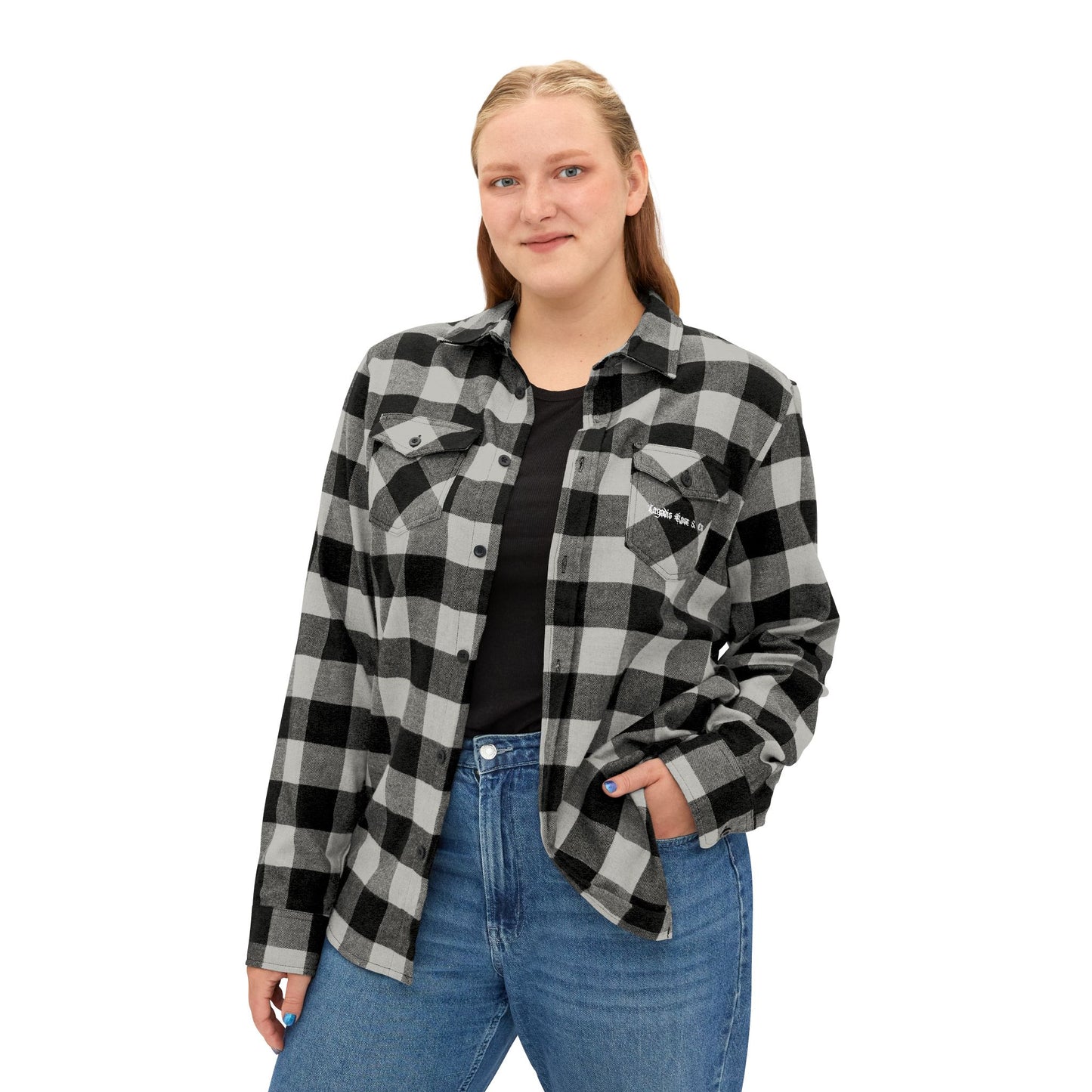 Graphic Logo Print Flannel Shirt - Cozy Checkered Shirt, Script Text