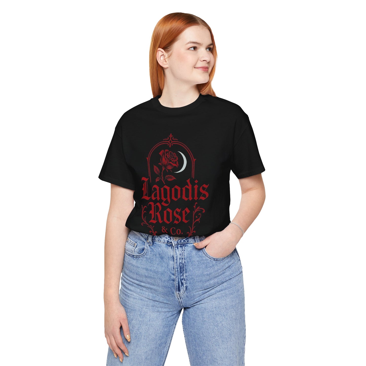 Dark Elegant Floral Graphic Logo Tee, Vintage Style T-Shirt, Rose Design, Gift for Her, Casual Wear
