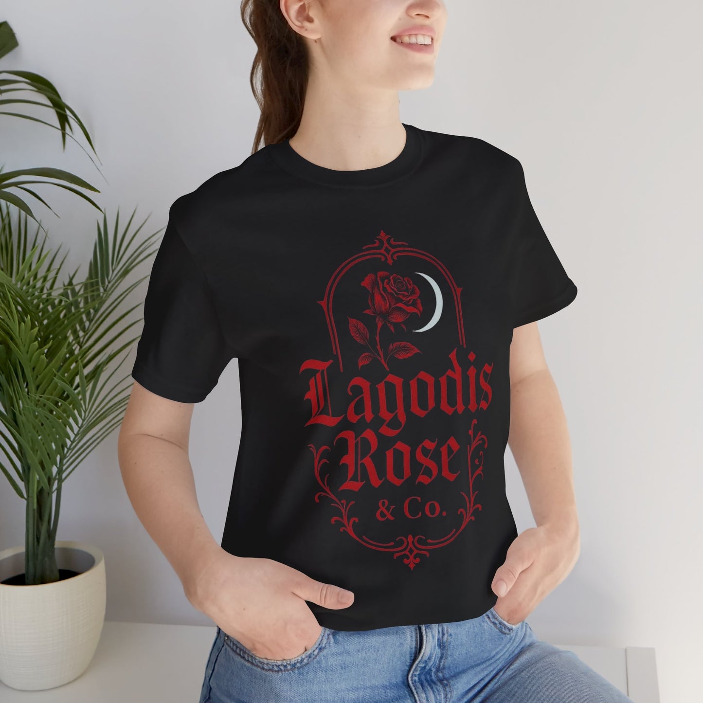 Dark Elegant Floral Graphic Logo Tee, Vintage Style T-Shirt, Rose Design, Gift for Her, Casual Wear