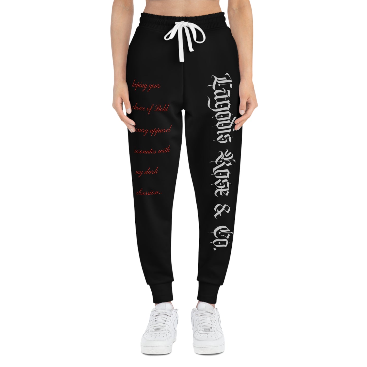 Luxury Bold Black Athletic Joggers, Script Text Design