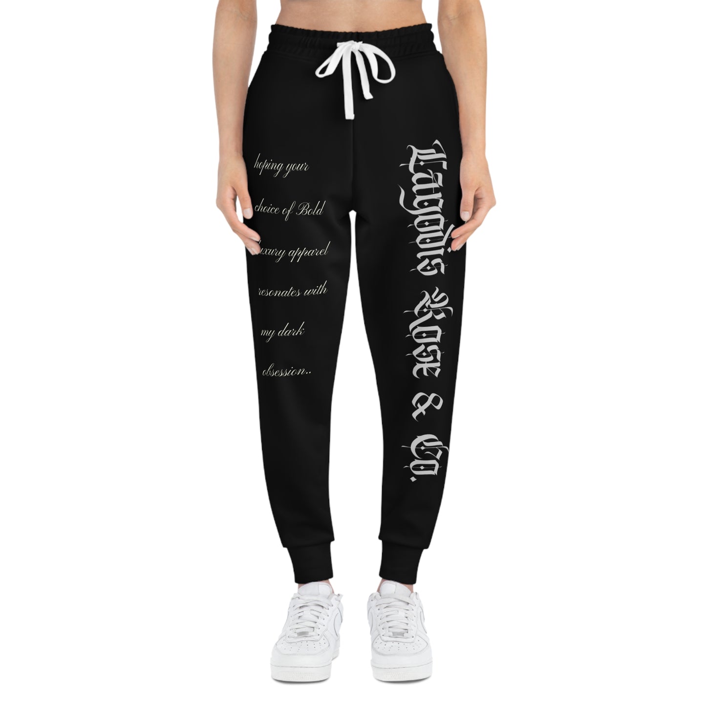 Luxury Bold Black Athletic Joggers, Script Text Design