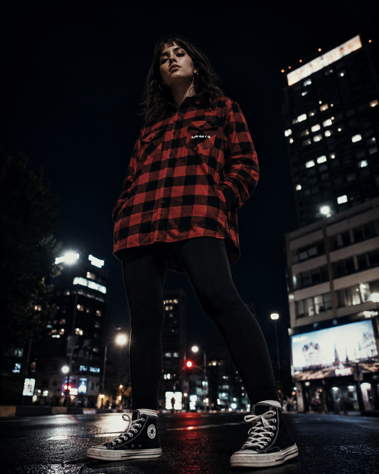 Graphic Logo Print Flannel Shirt - Cozy Checkered Shirt, Script Text