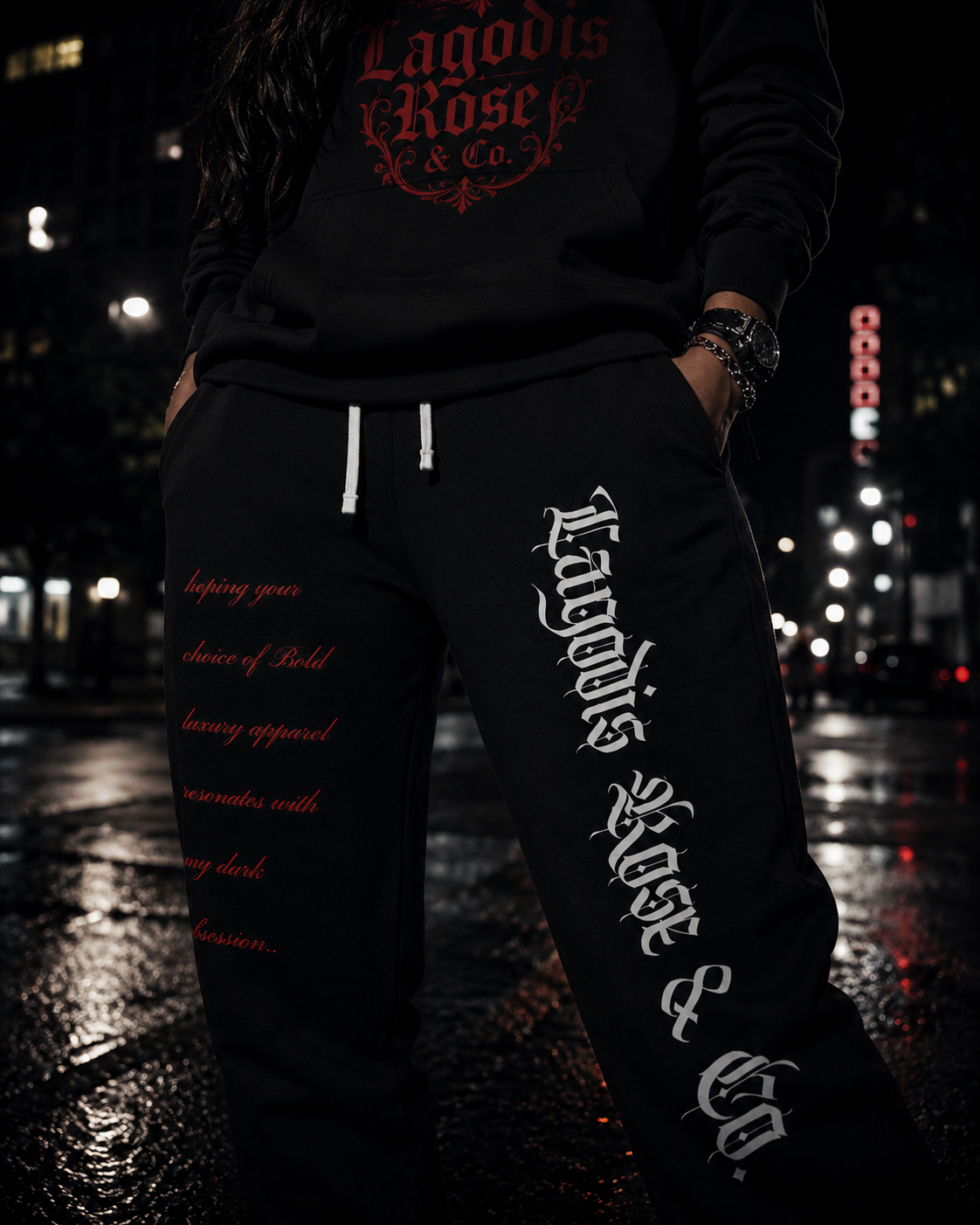 Luxury Bold Black Athletic Joggers, Script Text Design