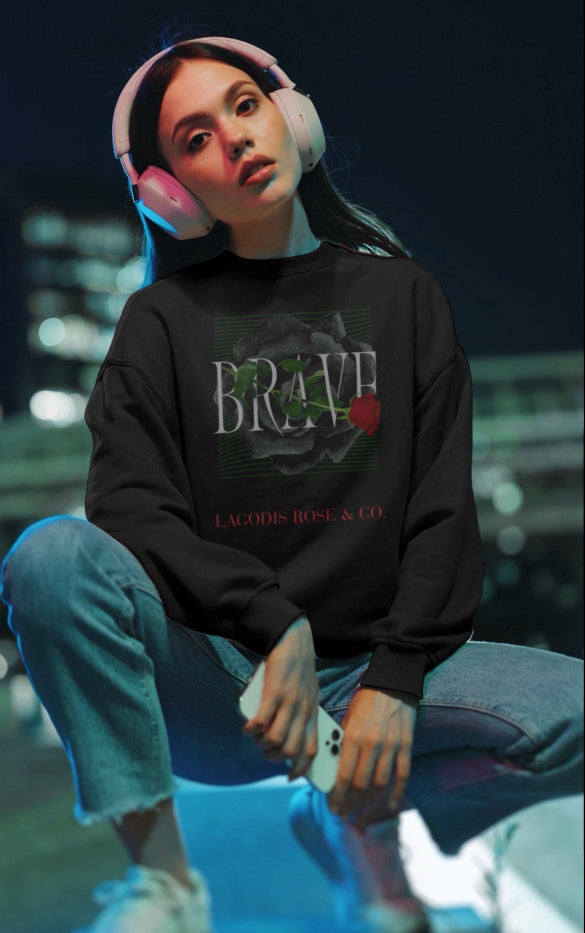 Brave Rose Graphic Crewneck Sweatshirt - Cozy Fleece, Inspirational Gift, Casual Wear, Perfect for Holidays
